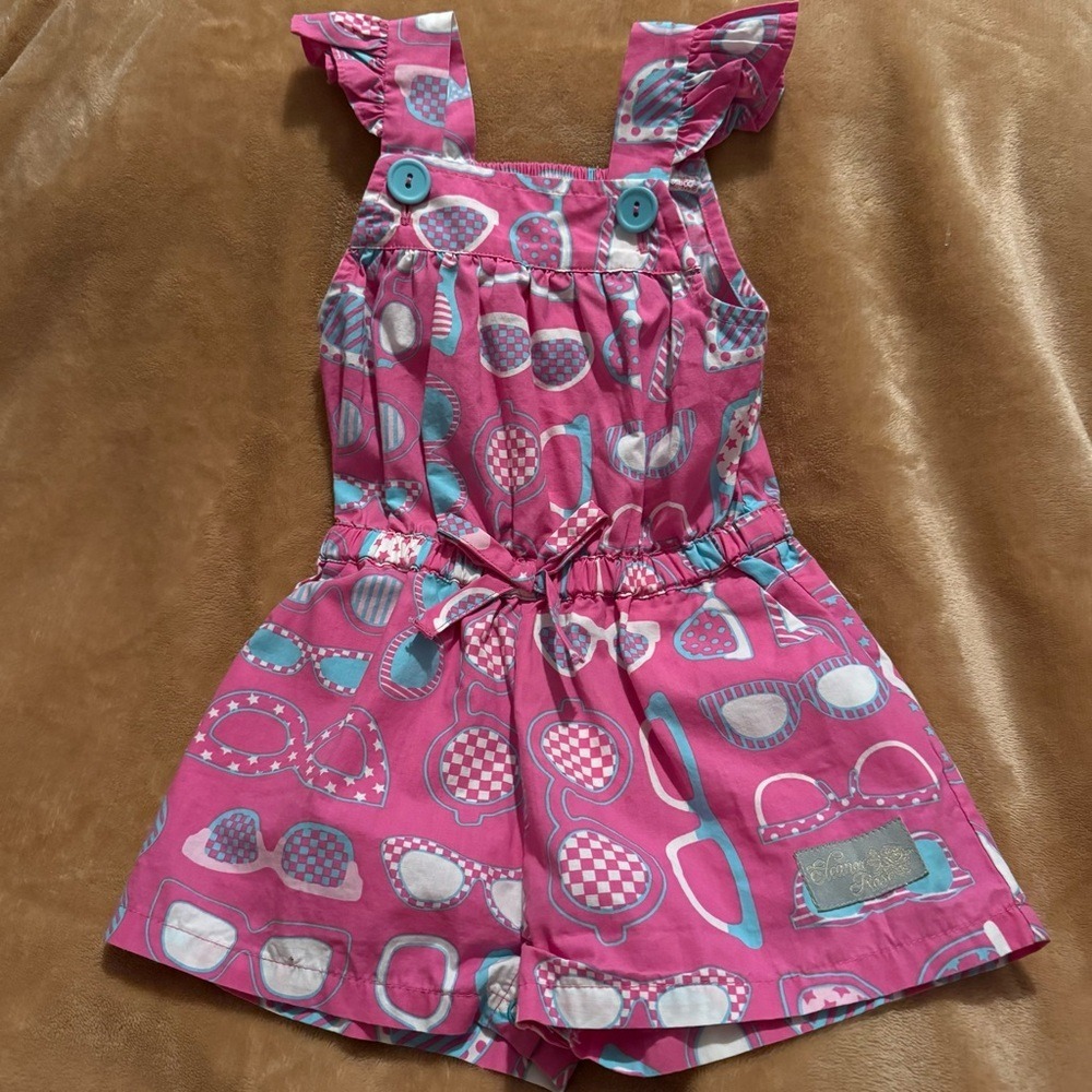 Eleanor Rose Maya Romper Pink Sunglasses Print Ruffle Strap Girls Size 12M